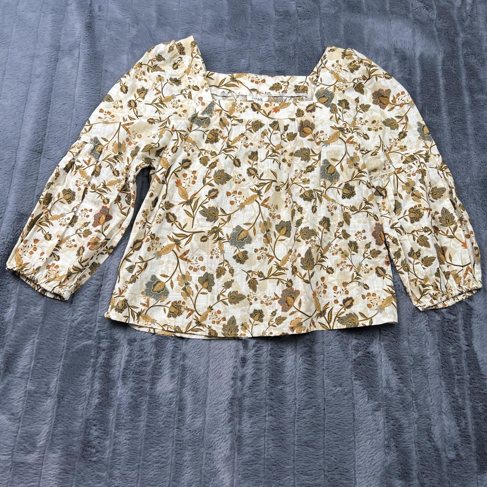 Ana A New Approach Blouse Womens XS White Rayon Floral Balloon Sleeve Pleated